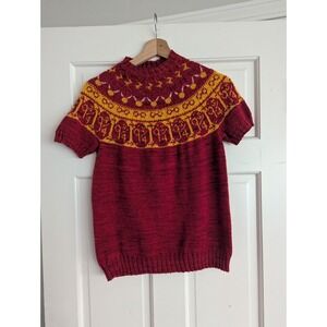 Women's Handmade Hand Knit Fair Isle Cotton Crewneck Short Sleeve Sweater Size S